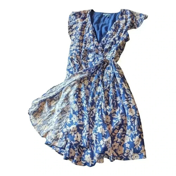 Draper James RSVP Blue Floral Flutter Sleeve Wrap Dress, Size L - Picture 9 of 12